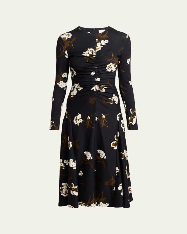 Floral Gathered Long Sleeve Midi Dress